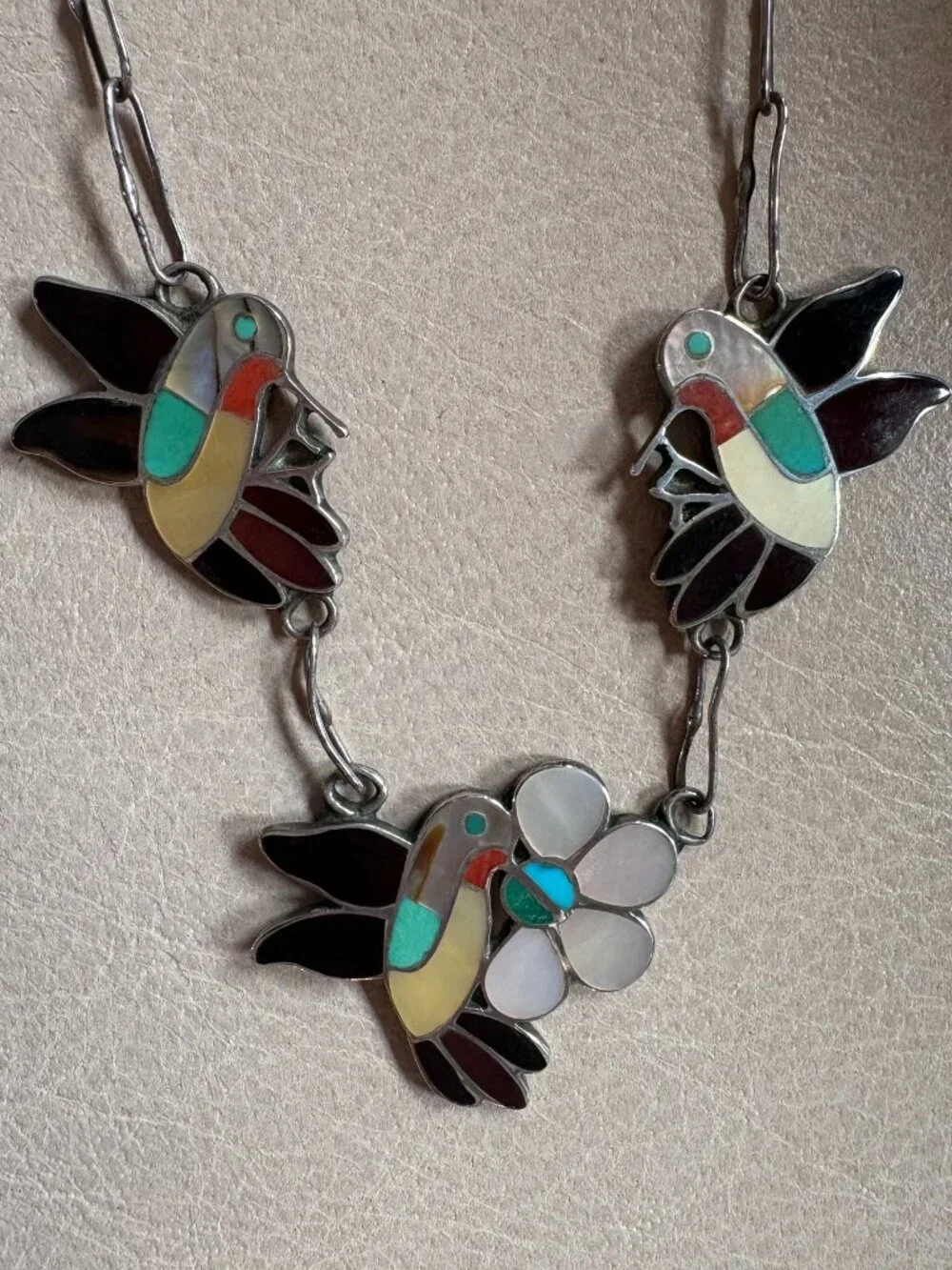 Vintage Zuni Hummingbird Signed Inlay Necklace